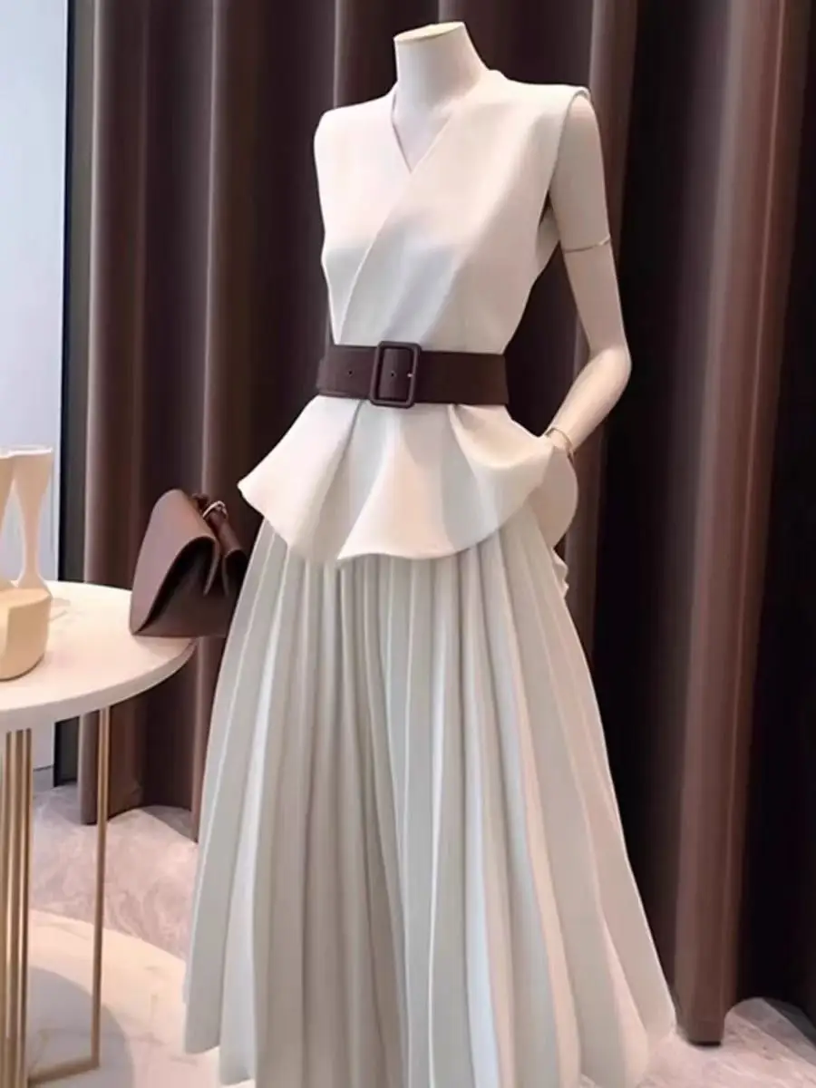 مجموعة أزياء للنساء لربيع وصيف جديد صغير العطر مزاجه أكمام دعوى أعلى مطوي تنورة قطعتين مجموعة مع حزام #2