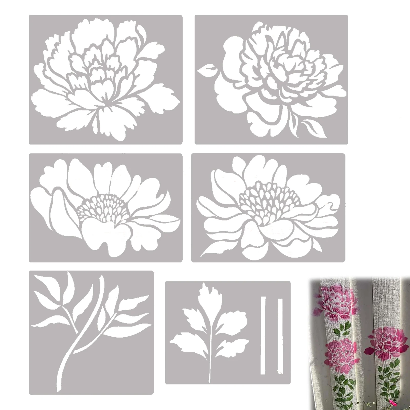 6pcs Peony Painting Template Garden Fence Large Flower Stencils Diy Decoration Painted Stickers Layered Spray Painting Templates