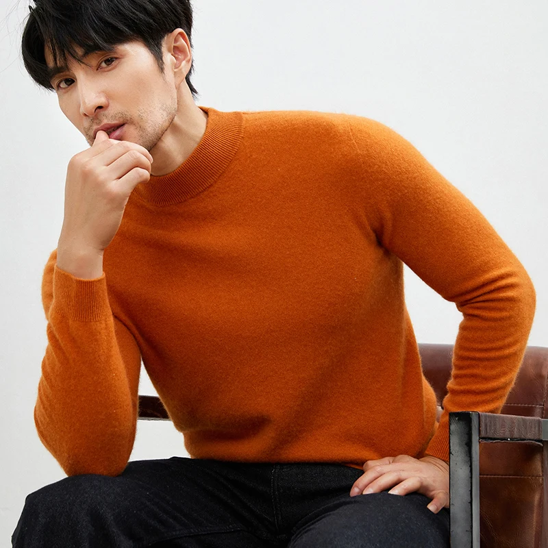 Autumn/Winter New Men's 100% Cashmere Knitted Sweater Casual Half High Collar Pullover Solid Color Simple Versatile Bottom Shirt