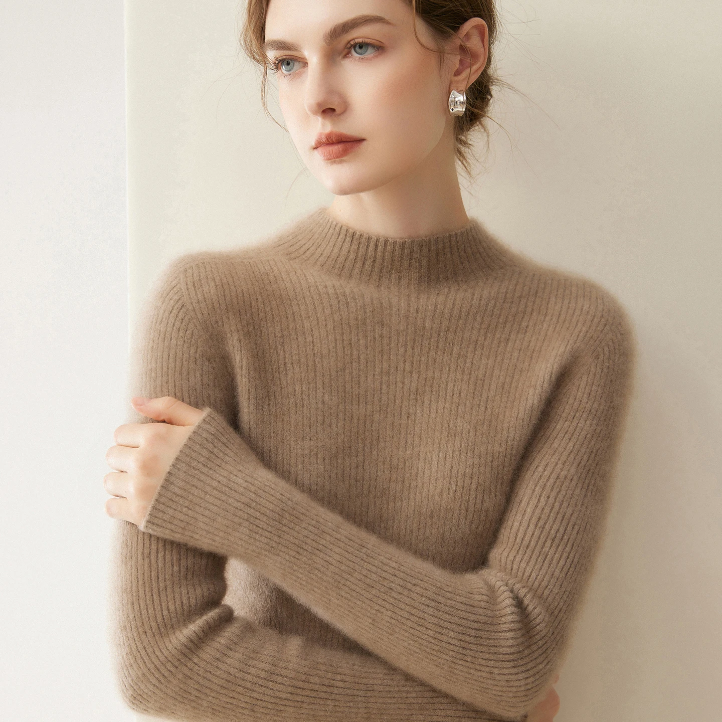 Women 100% Cashmere Sweater Mock-neck Pullovers Soft Warm Cashmere Knitwear Long Sleeve Autumn Winter Pure Cashmere Tops