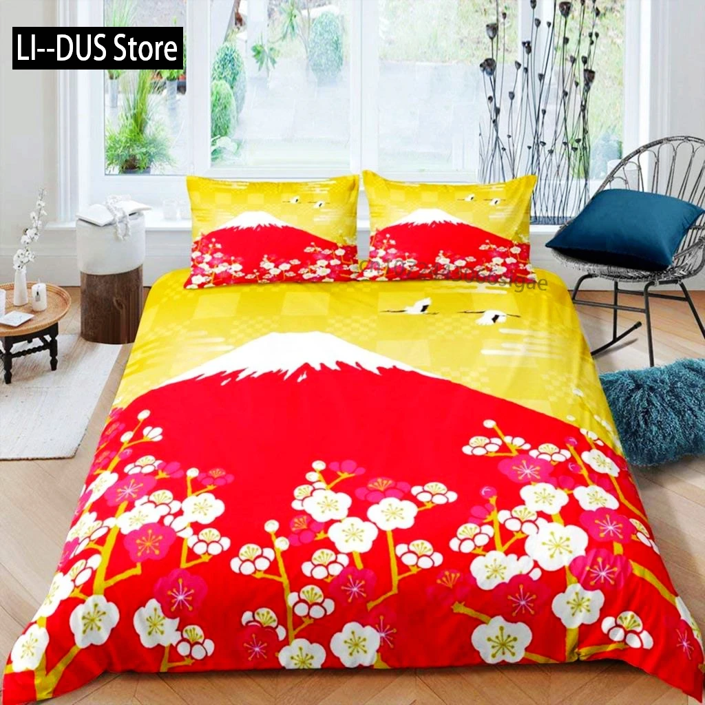 

Japanese-Style Duvet Cover Set For Girl Polyester Mount Fuji Comforter Cover Cherry Blossoms Flower Ink Hand Painted Quilt Cover