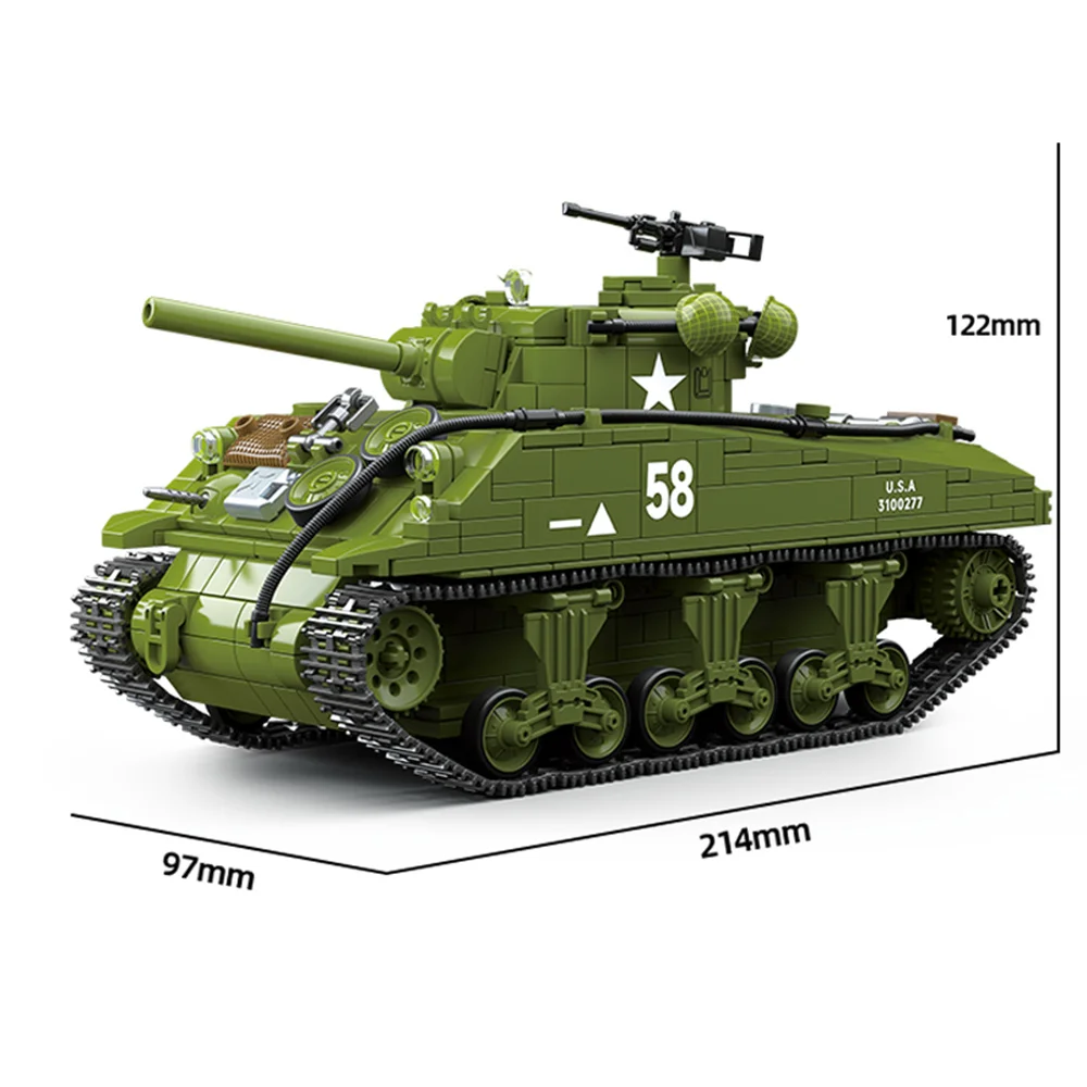 WW2 Military Army Soldiers World War 2 M4A3 Sherman Medium Tank Model MOC DIY Building Blocks Bricks Toys For Children