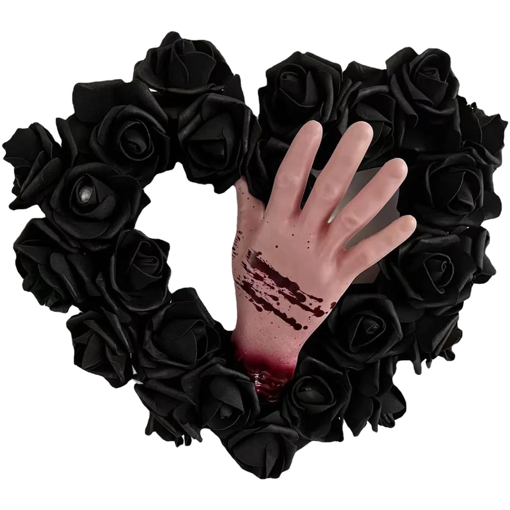 Black Floral Heart Wreath for Halloween Decorations Hanging Style For Door Wall Party Accent 30 7 34cm Lightweight Plastic