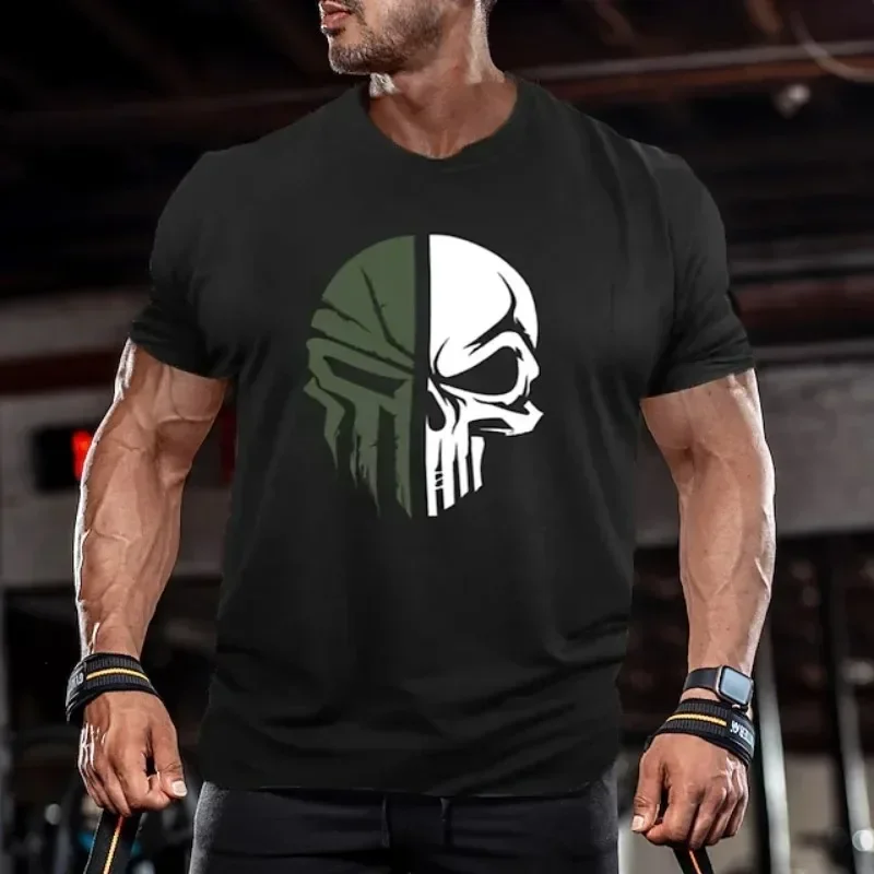 Cotton Men\'s T shirt for men Print Military Skull T Shirt Oversized Gym Short-Sleeved Sportswear Men Clothing Sport Top Tees