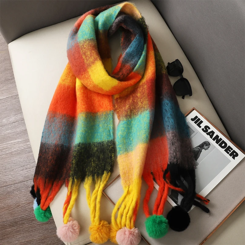 Winter Thick Warm Scarf Women Cashmere Shawl and Wraps Pashmina Neckerchief Bufanda Female Rainbow Hairy Tessel Echarpe New