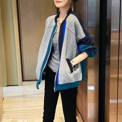 Jaqueta esportiva casual e fina para mulheres, camisa de beisebol, painel de cores contrastantes, tendência da moda, nova, primavera e outono 2023