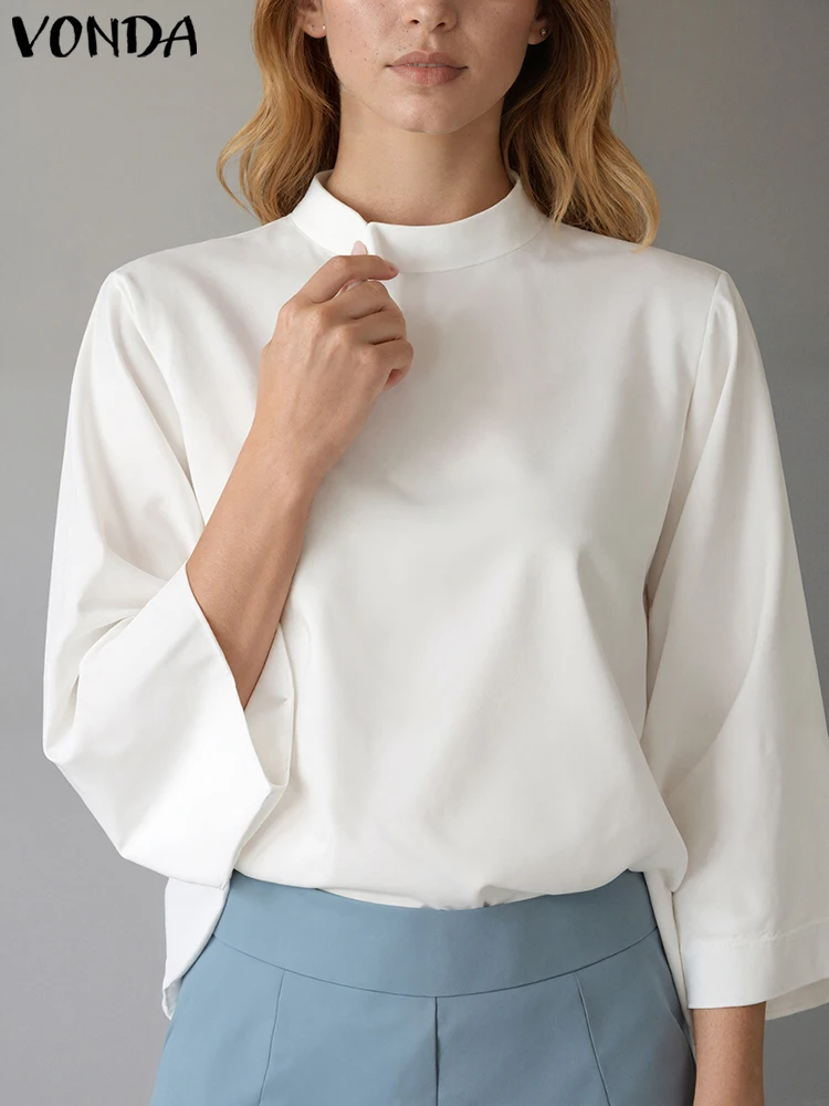 

VONDA Casual Loose Autumn Blouse Women Tunic Tops 2025 Fashion Stand Collar 3/4 Flare Sleeve Office Shirts Oversized Blusas