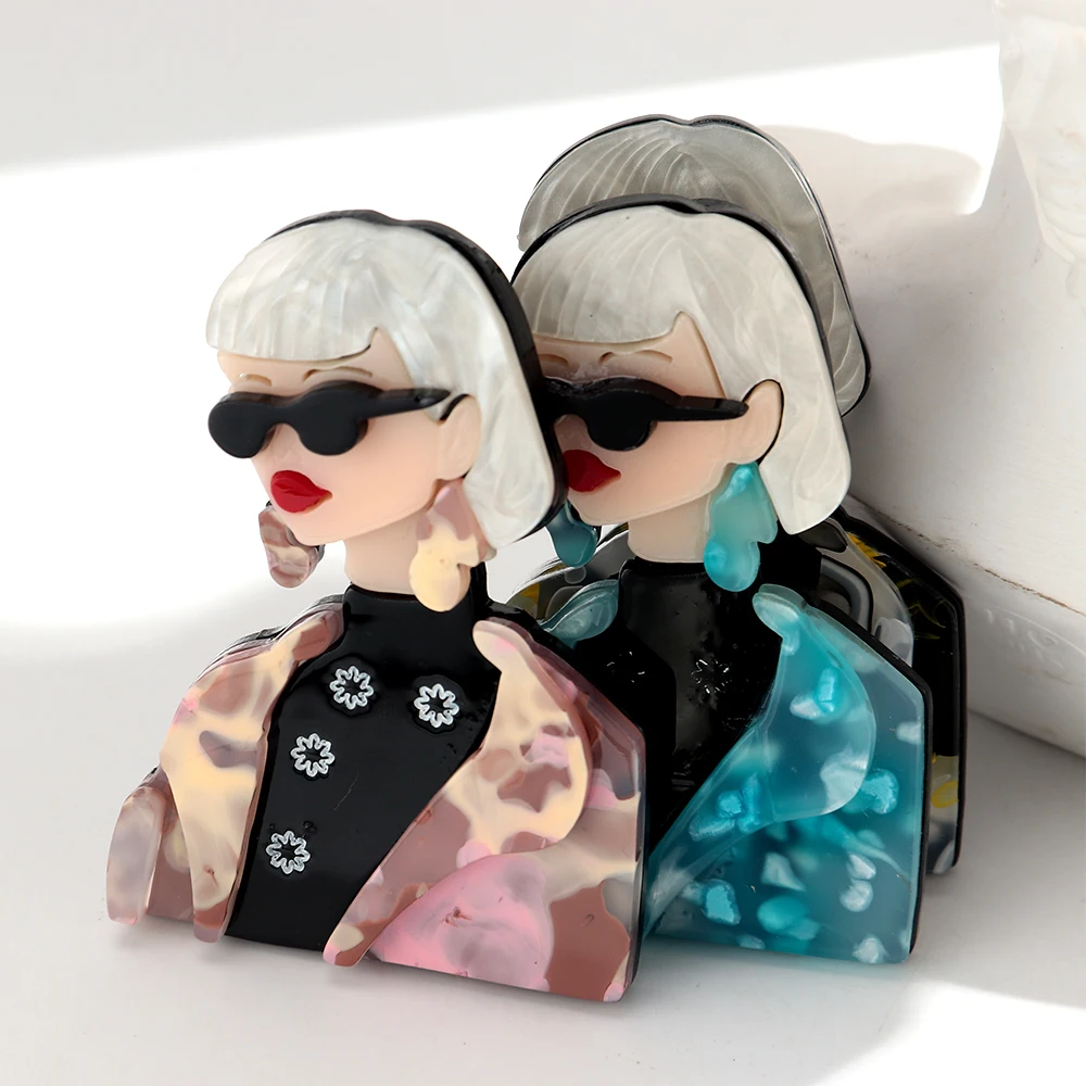 Fashion Cool Lady Figure Brooches for Women Resin Cartoon Sunglasses Female Badge Pins Casual Jewelry Clothing Accessories Gift