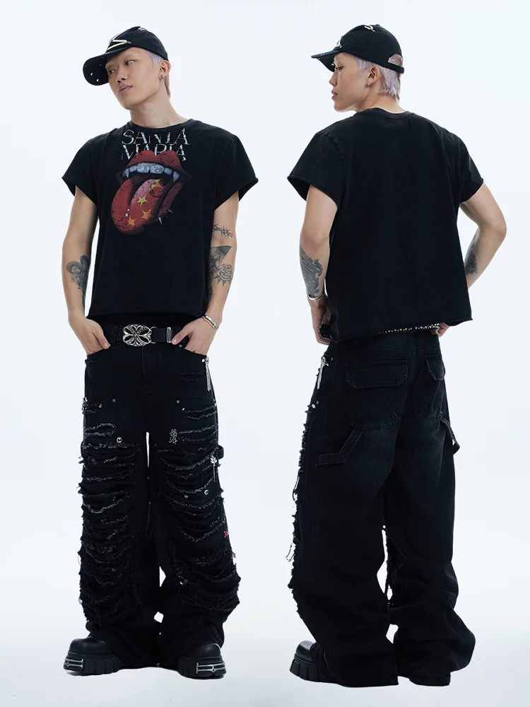 Calças jeans largas de alta resistência, das, modelo DND4DES Design Sensation, com detalhes de rasgos e desgaste, em mist...