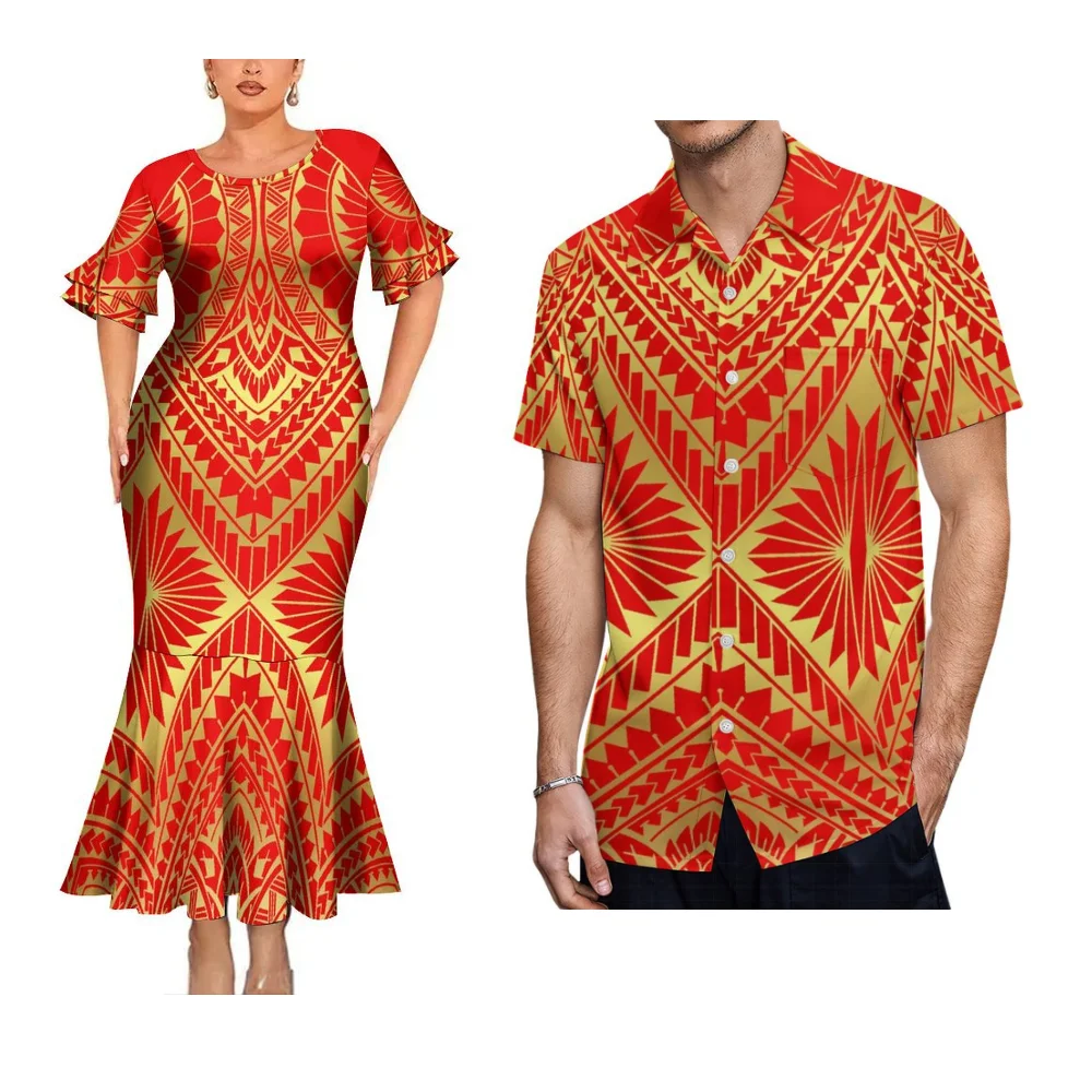 High Quality Polynesian Tribal Vintage Custom Couple Set Women'S Slim-Fit Dress Hawaiian Party Fishtail Dress And Men'S Shirt