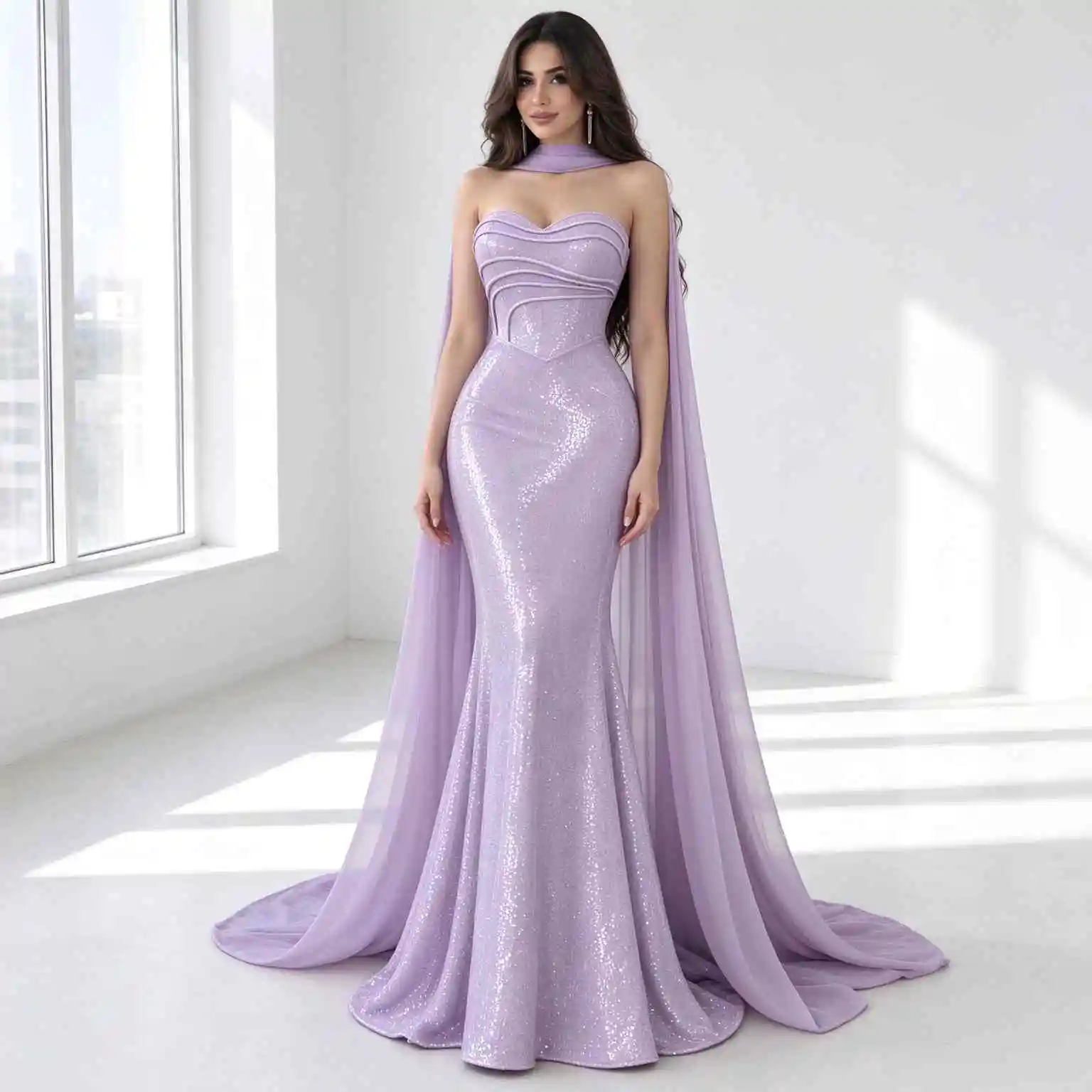 Customized Evening Dress Lavender Sequin Mermaid Prom Gown Halter Neck Cape Sleeve Formal Party Dress Custom Size For Women Wedd