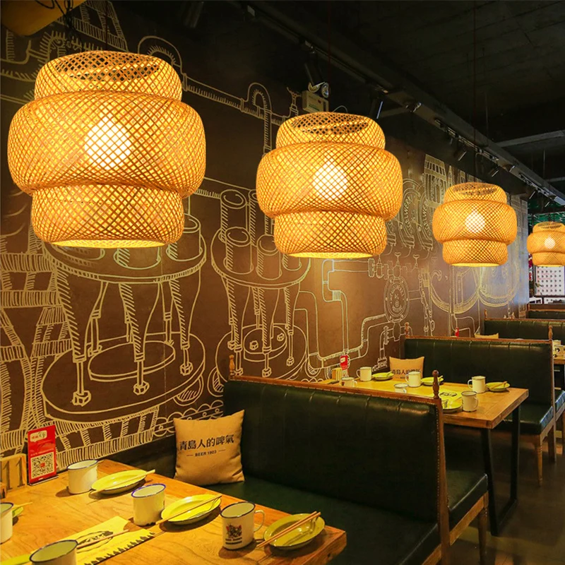 LED Handmade Rattan Chandelier Round Straw Hat Bamboo lampshane Pastoral Vintage Restaurant Light for Cafe Bar Restaurant