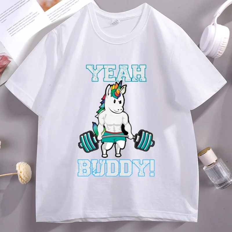 YEAH Buddy Unicorn Graphic T Shirts Cotton Short Sleeve Round Neck Printed T-shirt Loose Male Clothes Unicorn Gym Workout