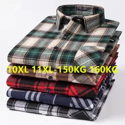 Plus Large Size 10XL 11XL Shirts for Men Long Sleeve Autumn Fashion Pure Cotton Plaid Sanding Casual Soft Free Shipping 160XL