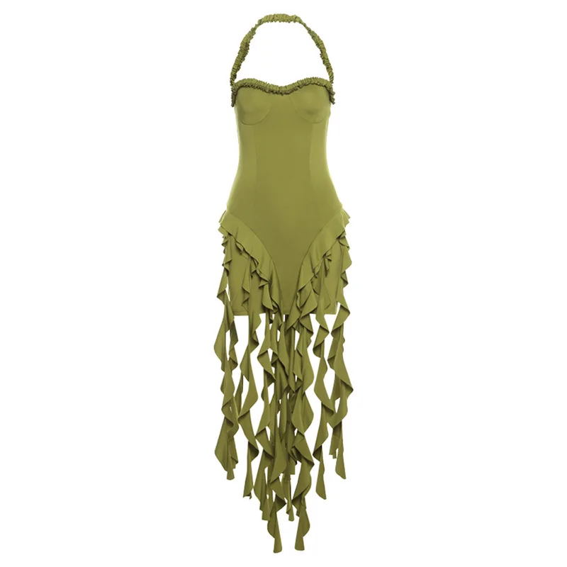 Vestido corto de fiesta para mujer, minifalda Sexy con cuello Halter sin mangas, tirantes divididos, color verde, para vacaciones y playa, verano, disponible