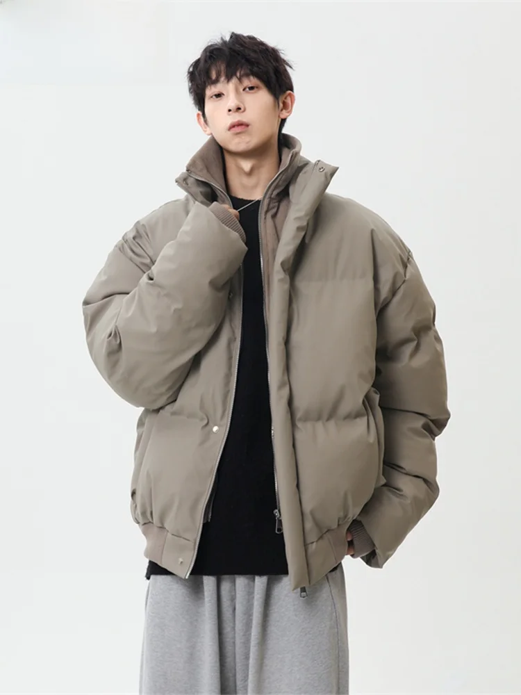 

Wassup Happy Men's Thiened Loose Fit Stand Collar PU Leather Cotton Jaet Winter Warm Faionable Casual Zipper Decoration