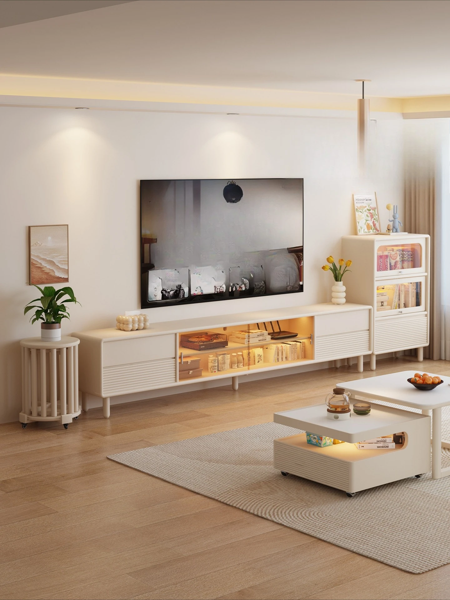 

Cream wind TV cabinet, integrated storage locker, small apartment, living room floor