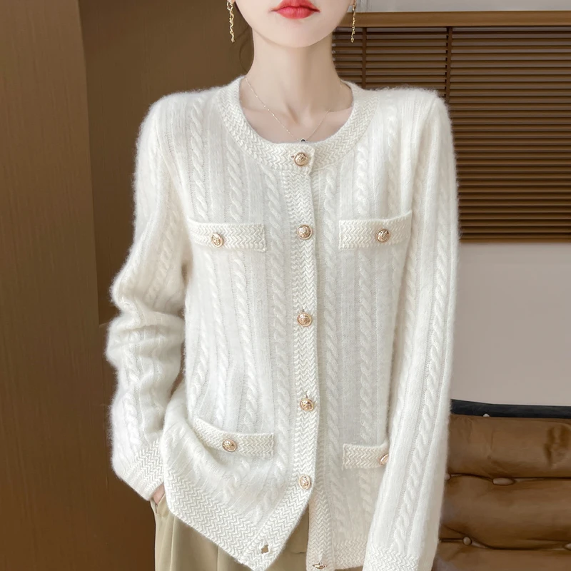 Women\'s Cardigan Autumn/Winter 100% Pure Wool Sweater Casual Knitted Sweater Round Neck Loose Tops All-match Button Blouse