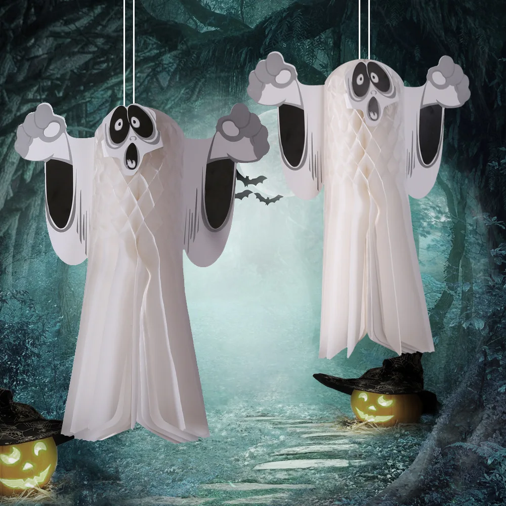 2Pcs Halloween Decorations White Horror Ghost Honeycomb Paper Lantern Ghost Hanging Ornaments for Halloween Party Outdoor Decor