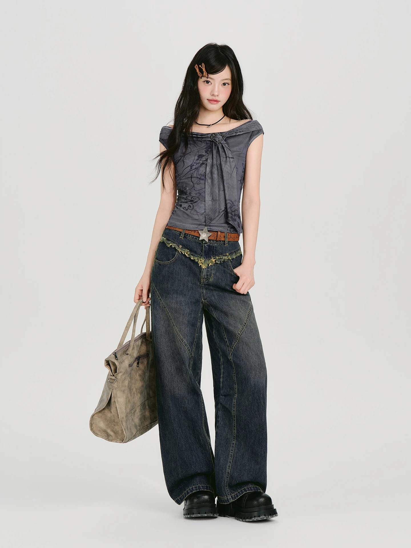 Girlyhalo American Retro Washed Wide Leg Jeans Women's Summer New Split Frayed Design Sensation Long Pants Natural Waist