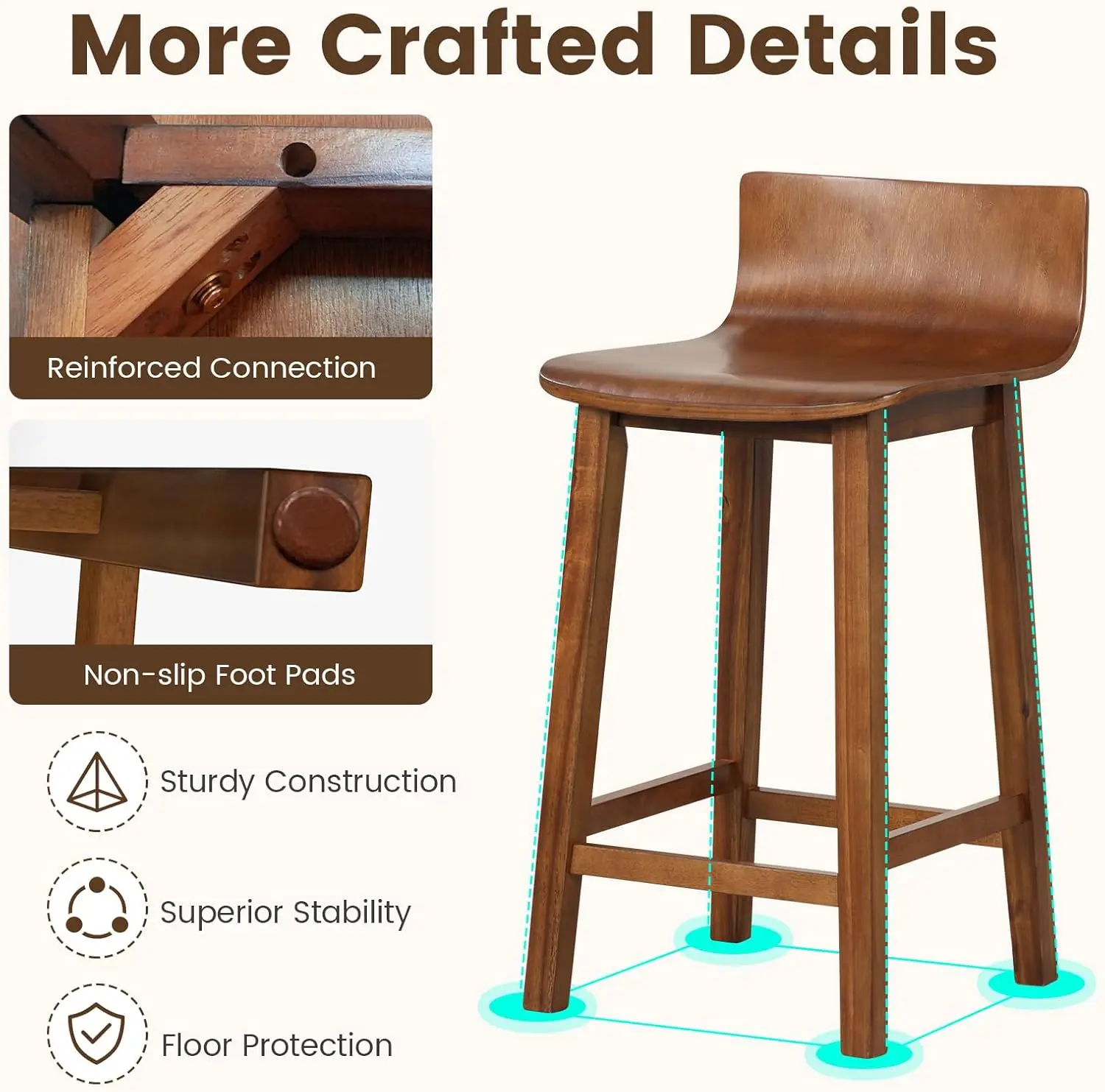 Giantex 24.5" Bar Stools Set of 4, Counter Height Stools w/Backrest & Footrest, Wooden Bar Dining Chairs, Armless Solid Wood