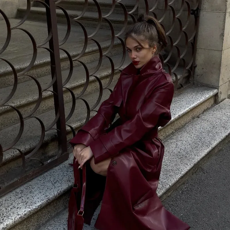 Women Fashion PU Leather Jacket Coat with Belt Autumn Winter 2025 Loose Long Windbreaker Trench Vintage Pockets Female Outerwear