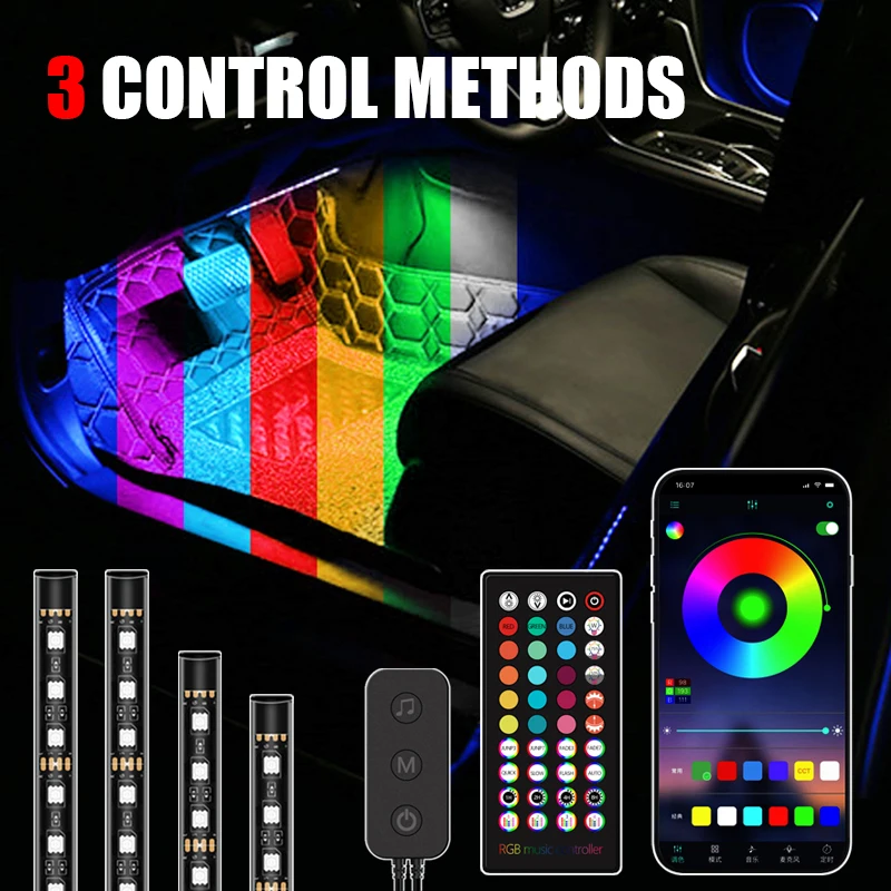 Hot 48 LED Car Foot Light Ambient Lamp With USB App Remote Box Control Multiple Modes Automotive Interior Decorative Lights