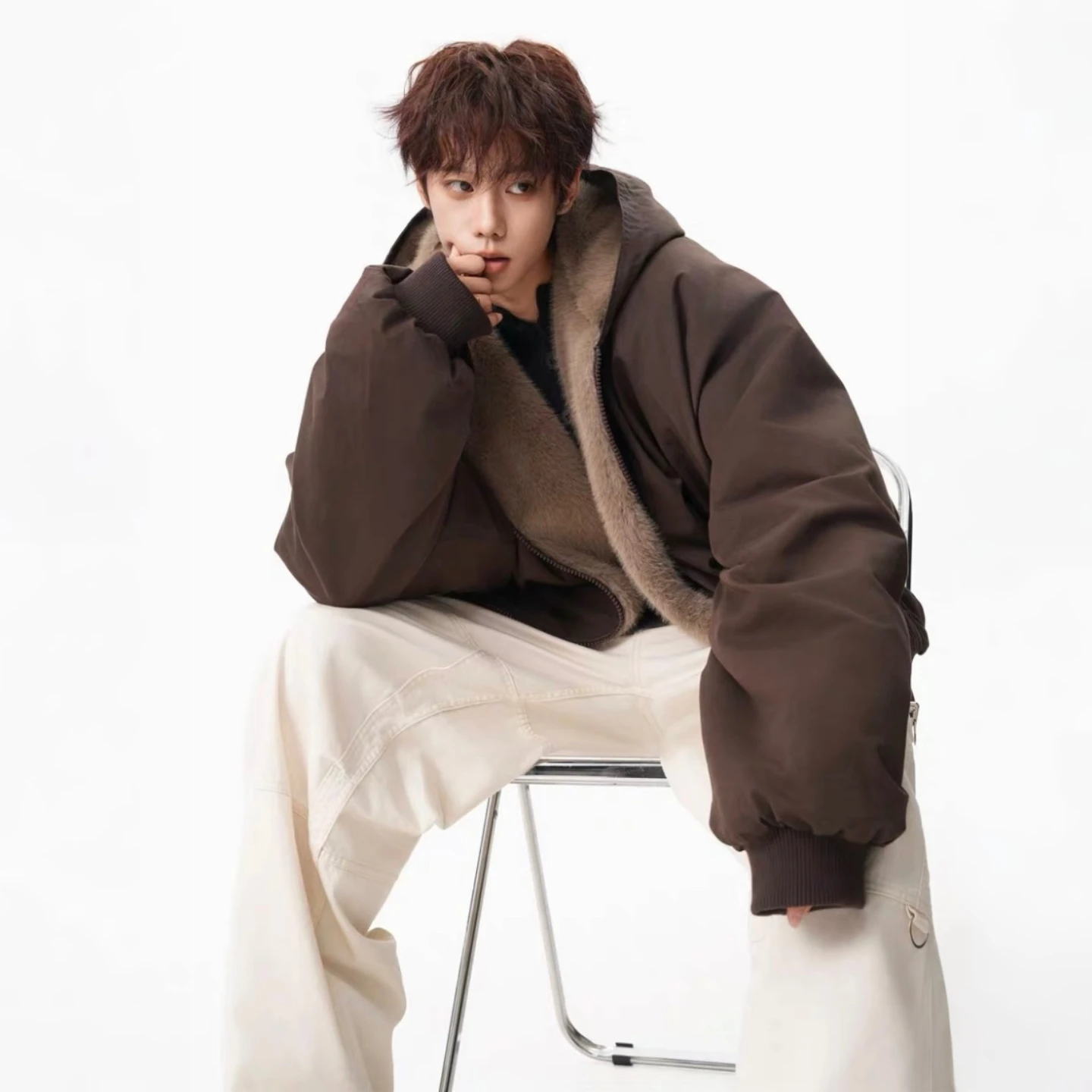 

Модная двусторонняя одежда из хлопка с кроличьим мехом, мужская и женская куртка с капюшоном, универсальная верхняя одежда для пар в стиле ретро