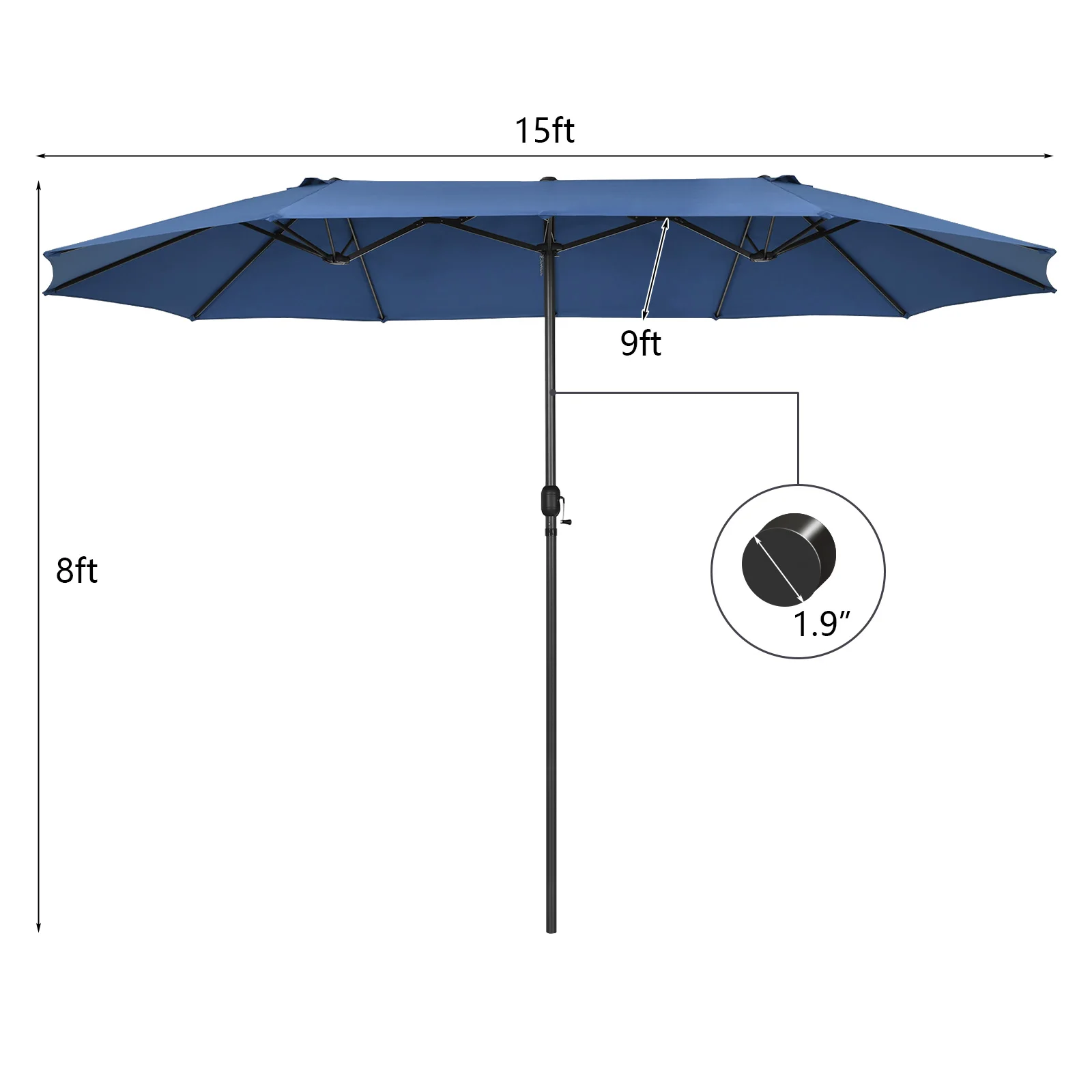 15FT Patio Double-Sided Umbrella Crank Outdoor Garden Market Sun Shade Navy