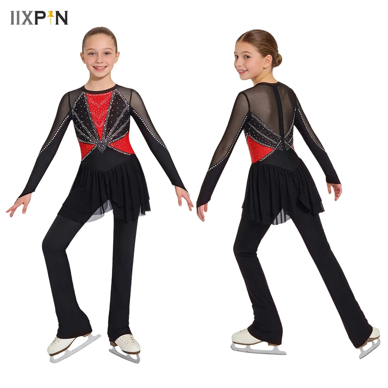 

Long Sleeve Finger Holes Rhythmic Gymnastics Bodysuit Ballet Dance Costume Kids Girls Figure Skating Tights Performance Jumpsuit