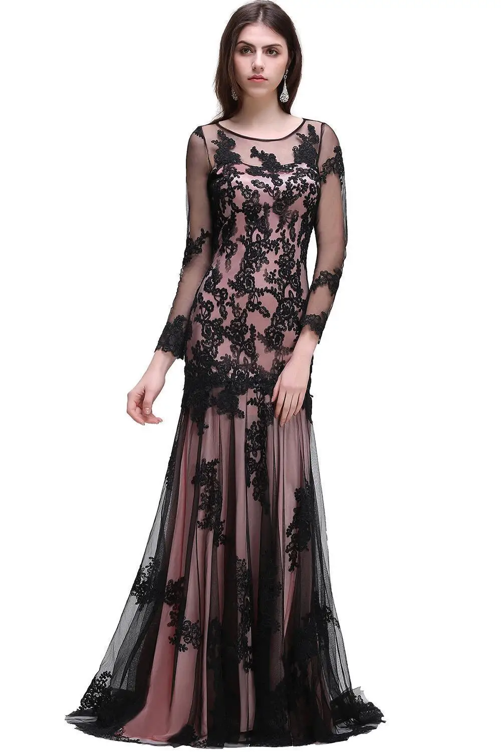 

Elegant Long Sleeve Lace Mermaid Evening Dress O Neck See Through Long Evening Party Gown For Women Wedding Engagement Maxi Gown