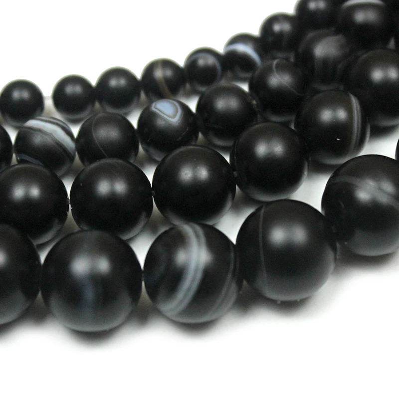 Natural Stone Striped Onyx Black Agates Matte Round Loose Beads 15\