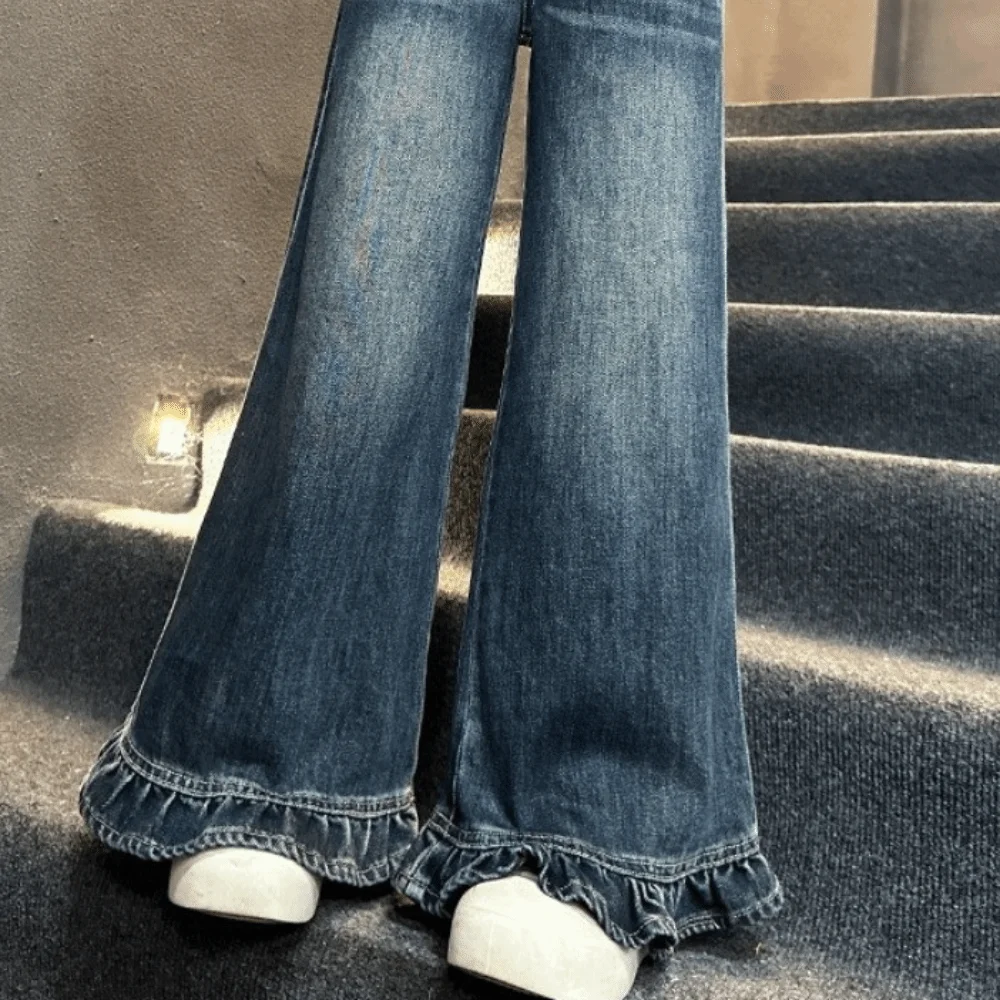 Pantalons à jambes larges pour adolescentes, longs, amples et droits, à volants, Cowboy, taille haute, pantalons en Denim pour filles, printemps automne