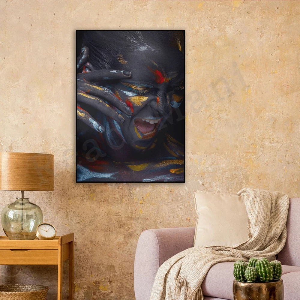 Black woman african american art print, afro screaming boho modern ethnic abstract, boho home decor poster
