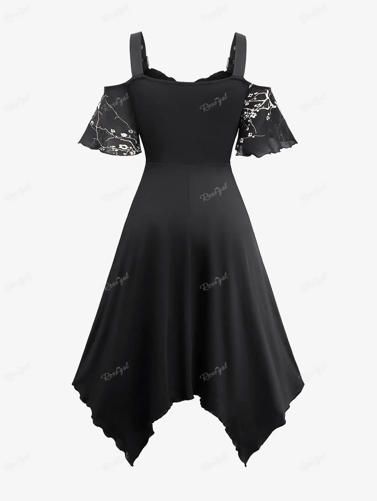 ​ ​ ​ ​ ROSEGAL New Plus Size Cold Shoulder Dress Black Flower Print Ruffles Asymmetrical Grommets Buckle Casual Long Dress Vestidos