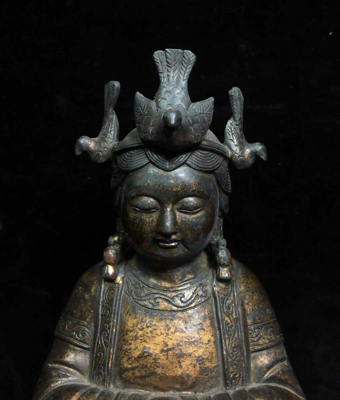 Folk Collect China Buddhism Bronze Gilt Kwan-yin Guanyin Buddha Goddess Statue