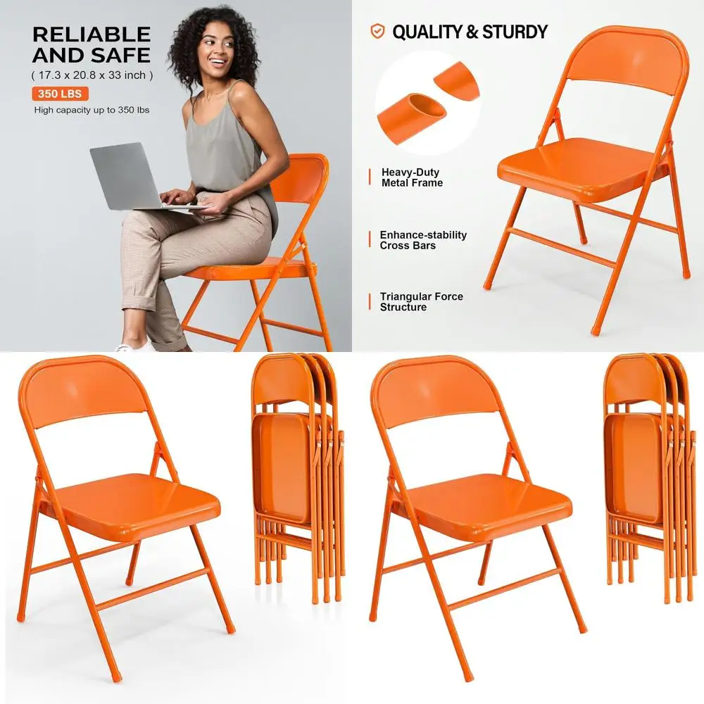 

Sturdy Steel Folding Chairs, 350 lbs Capacity, Portable & Versatile for Indoor/Outdoor, Orange, 4-Pack