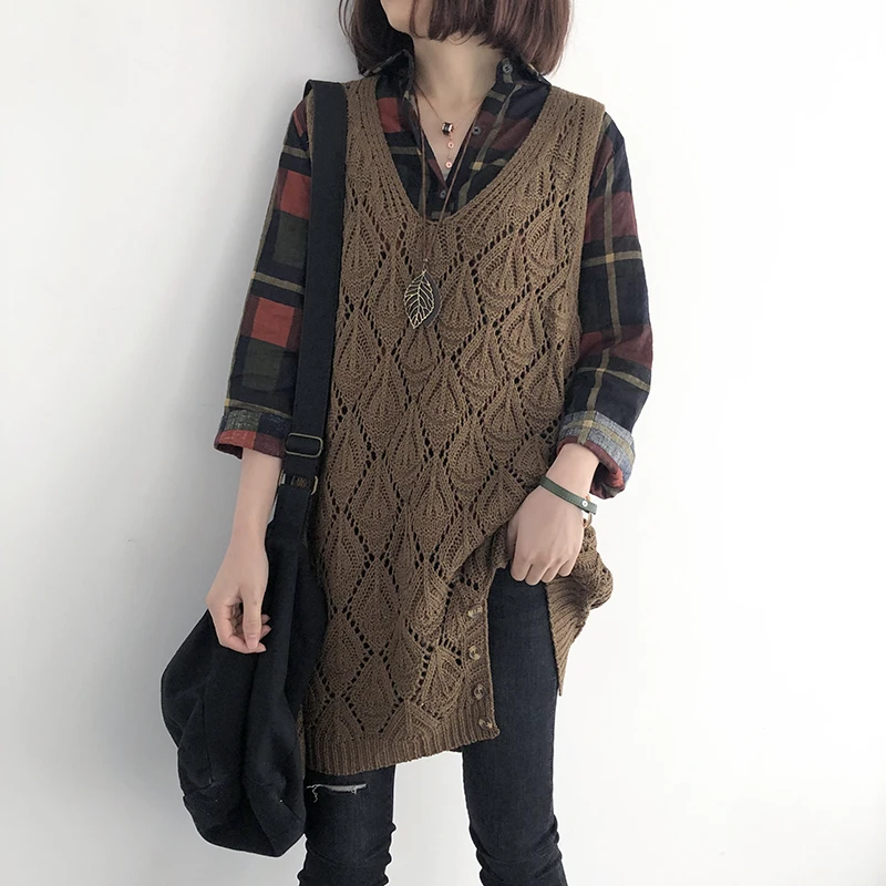 Women's Knitted Asymmetrical Sweater Vest, Long, V-Neck, Loose, Straight, Hollow Out, Casual, All Match Female Pulls, Tops