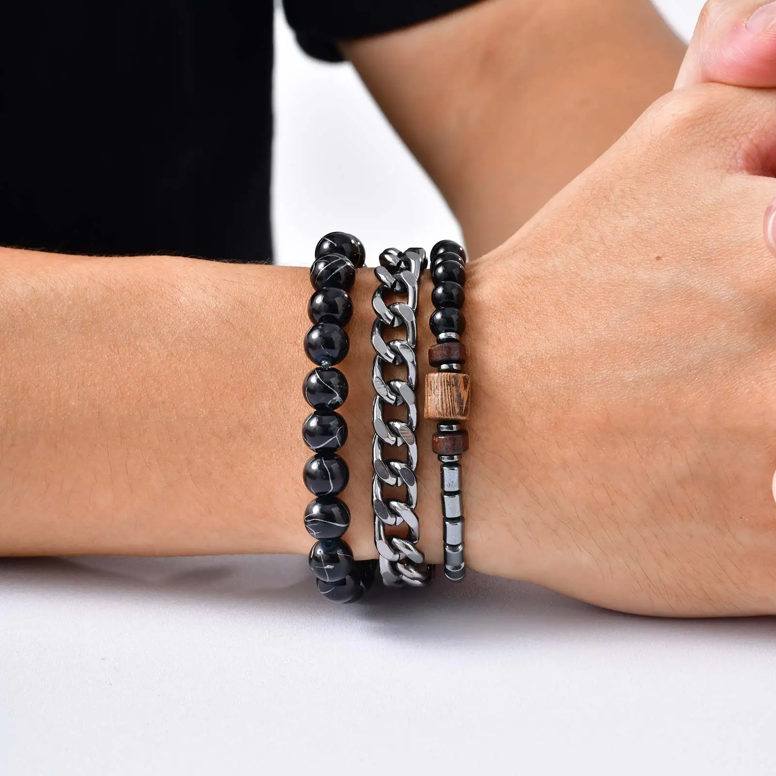 أزياء ثلاث قطع مجموعة سوار مطرز للرجال، متعدد الطبقات تكويم سلسلة معدنية سوار معصمه، الهيب هوب مجوهرات بسيطة #5