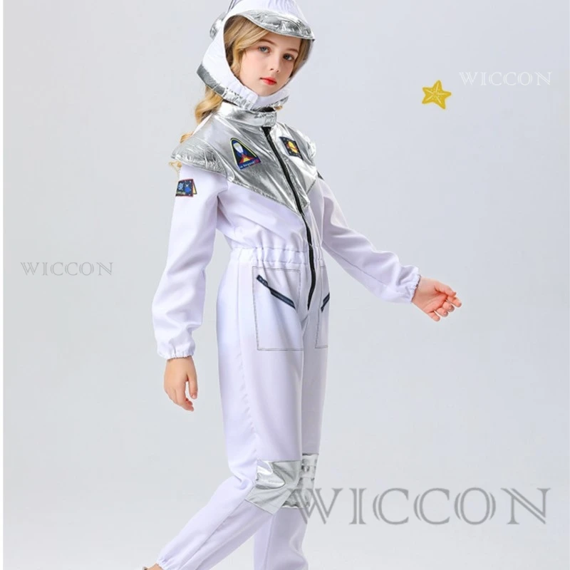 Child Astronaut Costumes Holiday Fantasy Astronaut School Jumpsuit Performance Halloween Cosplay Hooded Set Assembly Gloves