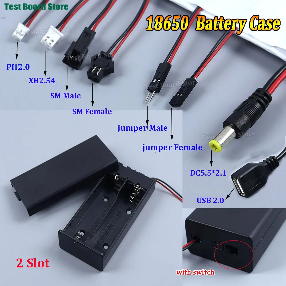 18650 2 Slot Battery Holder/Box In Series With Cover Switch And PH2.0/XH2.54/SM/Jumper Male/Female/DC5521/USB Plug Connector
