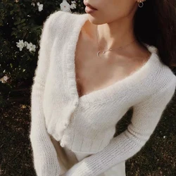 Foridol white cropped cardigan women autumn winter fuzzy cardigan v neck long sleeve mohair short knitted fluffy cardigans 2024