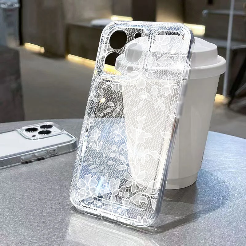 

White And Pink Lace Floral Pattern Phone Case For Xiaomi Redmi Note 14 Pro Plus 5G 13 12S 12 11 10 14C 13C 12C Clear Soft Cover