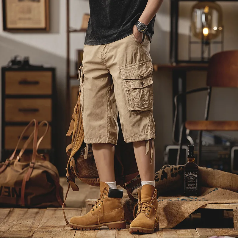 

2024 summer fashion men's new American vintage cargo shorts loose plus-size casual quarter pants