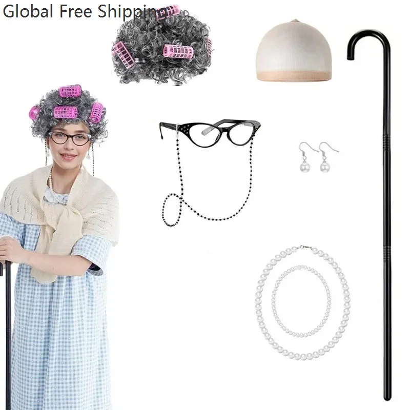 Girls 100th Day Of School Costume Old Lady Grandma Dress Up Accessories Set For Children Performance Halloween Carnival Roleplay