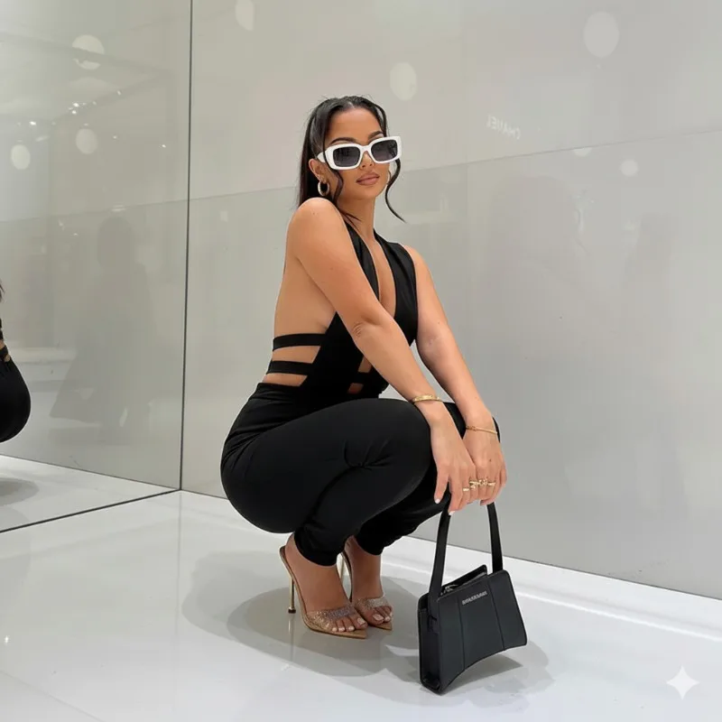 Krisnanas Black Sexy One Piece Jumpsuits for Women 2025 Hollow Out Sleeveless High Waist Simple Bodycon Jumpsuit Female Clothing