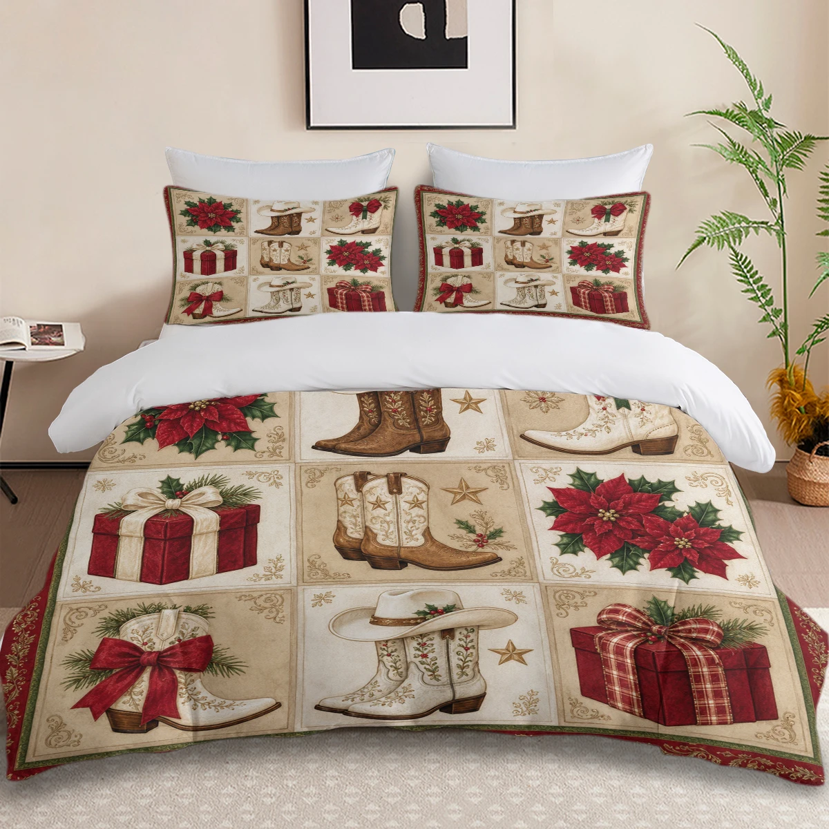 3PC Western Christmas Duvet Cover Set,Cowboy Boots Hat Poinsettia Gift Box Patchwork Print Bedding With Pillowcases No Comforter