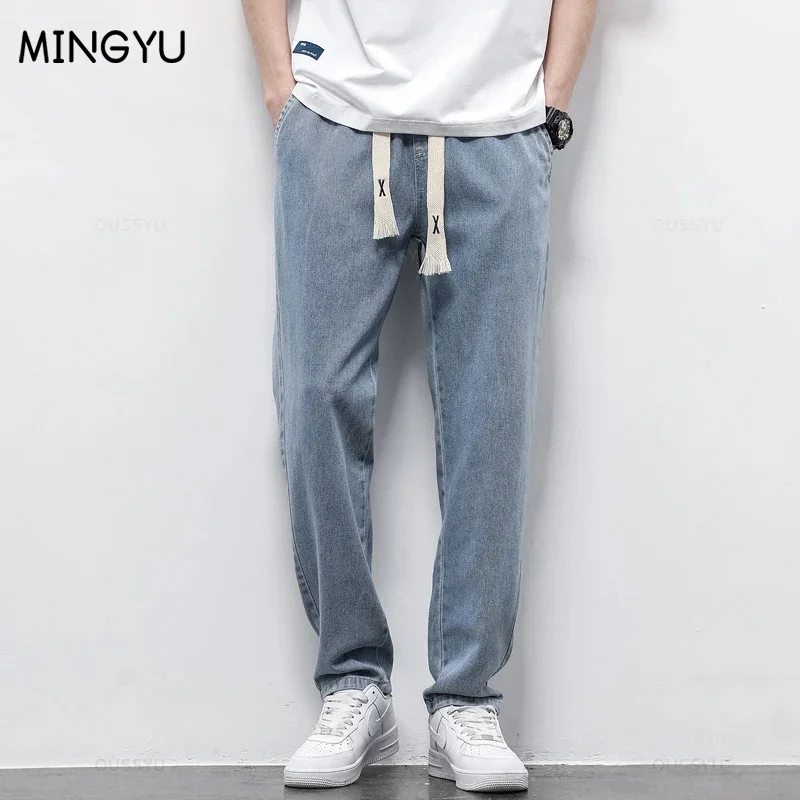 High Quality Fully Elastic Waist Men's Jeans Cotton Soft Drawstring Straight Pants Korea Casual Trousers Male Plus Size S-5XL