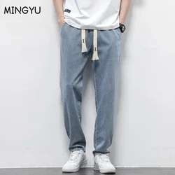 High Quality Fully Elastic Waist Men's Jeans Cotton Soft Drawstring Straight Pants Korea Casual Trousers Male Plus Size S-5XL