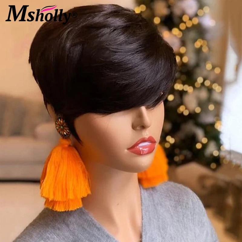 Brazilian Short Bob Pixie Cut Wig Human Hair Straight Natural Black Colored Wig Machine Made Bob Cut Glueless Wig Wear and Go